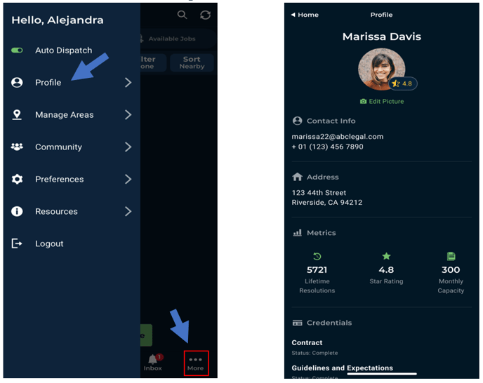 Profile - more options screens