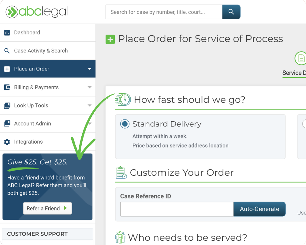 An image of the ABC Legal secure customer account highlighting the refer a friend feature in the bottom left corner with a green arrow pointing to the call out box.