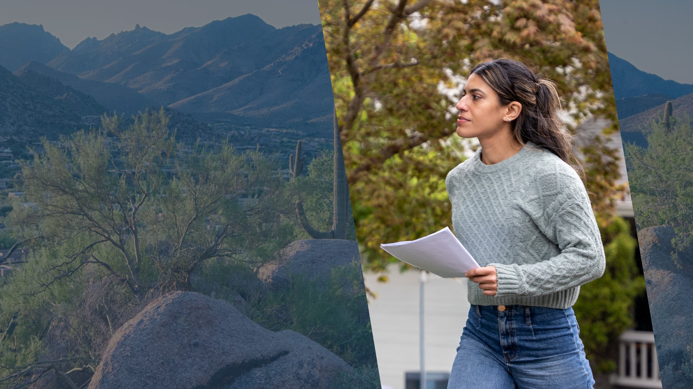 Saguaro cactus and granite boulders in the Sonoran Desert foothills, with an Arizona process server on her way to an address