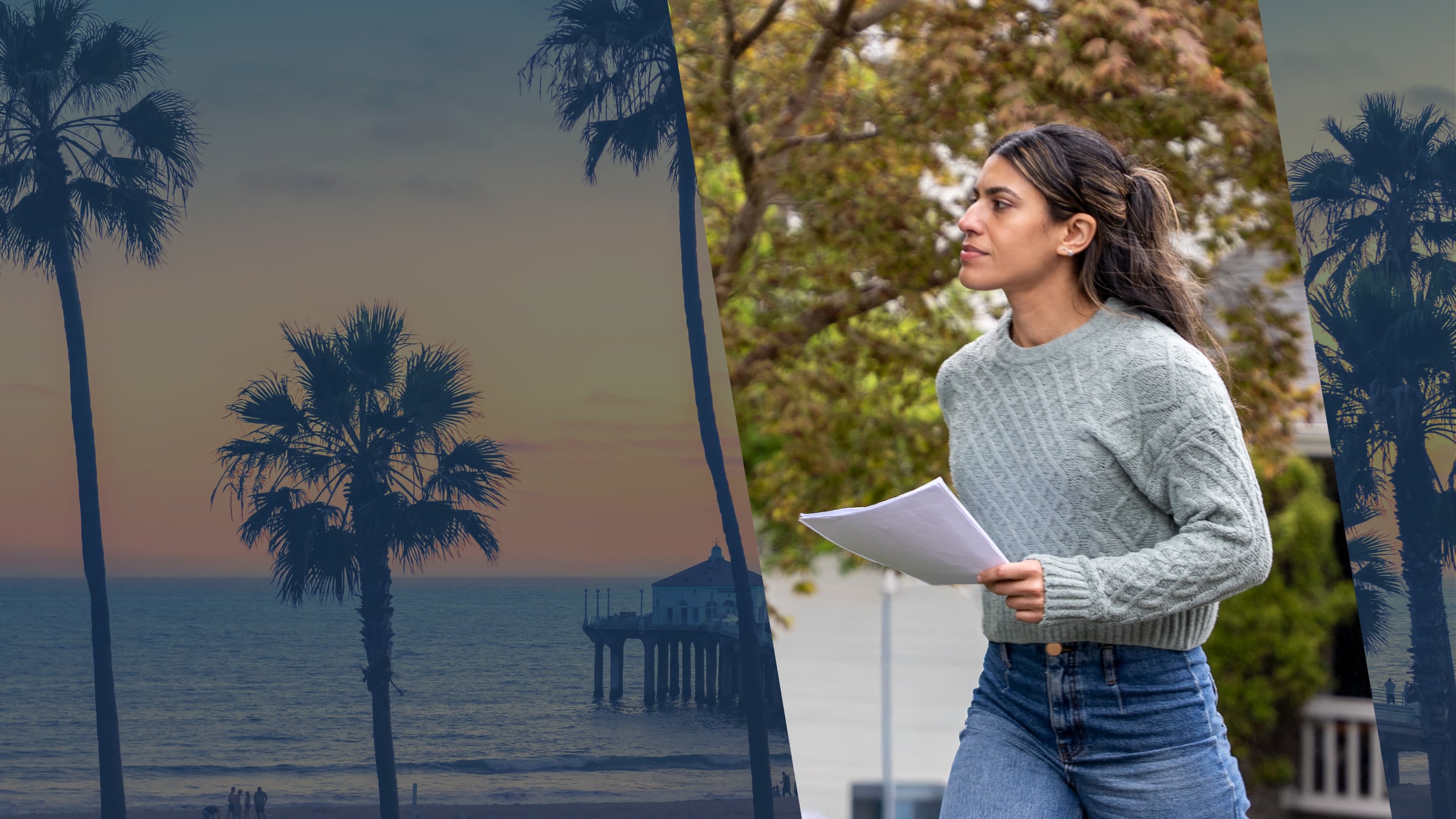 Palm trees silhouetted against a Pacific sunset near a California pier, as an ABC Legal process server heads out with court papers