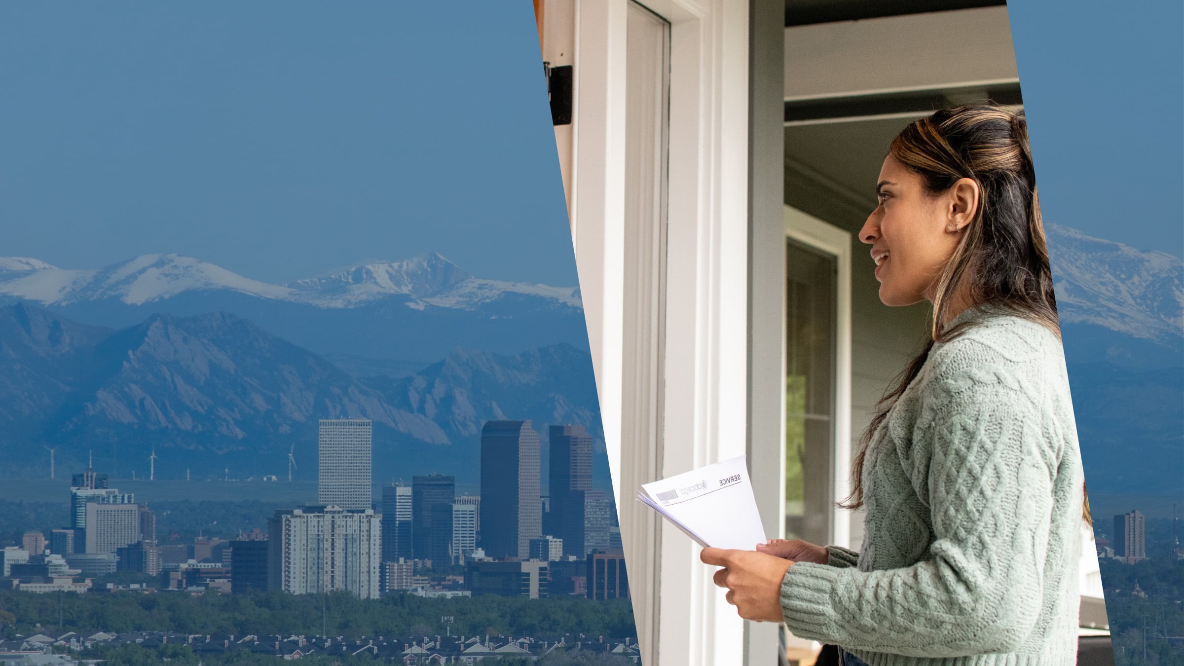 Denver's downtown towers below the snow-capped Front Range, with a Colorado process server carrying documents for delivery