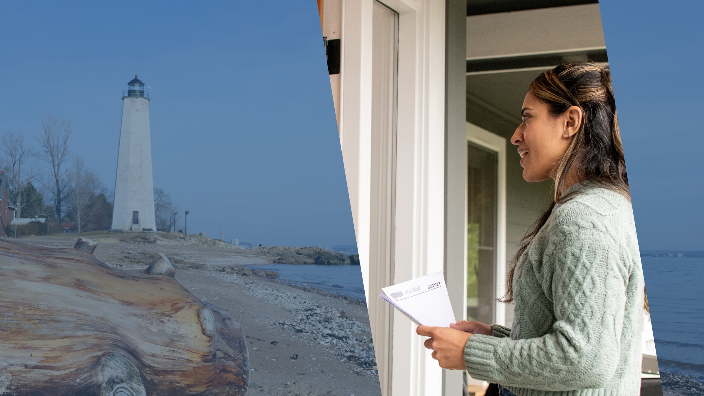 Five Mile Point Lighthouse above driftwood on a Connecticut shoreline, beside a process server holding legal papers