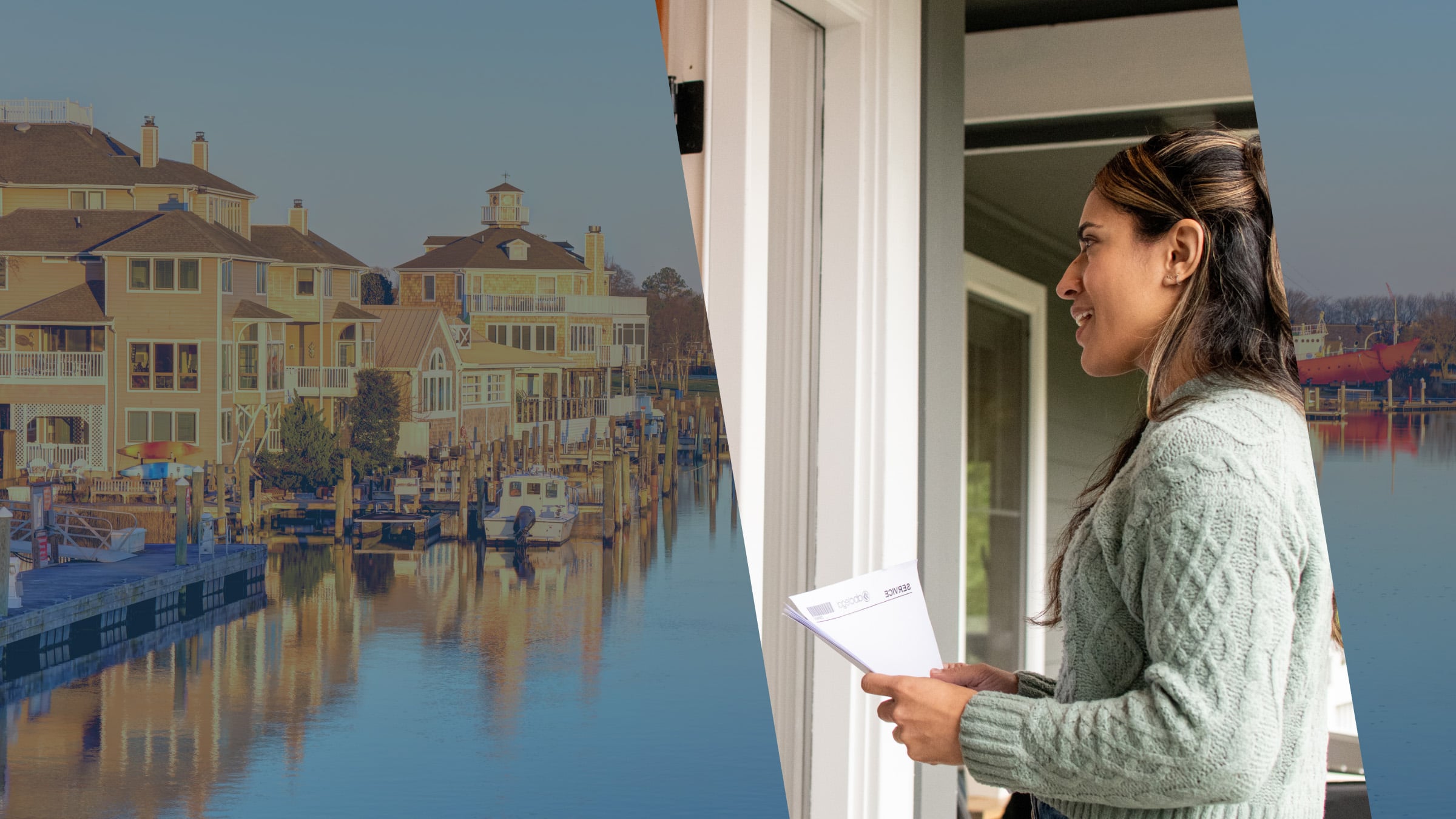 Shingled waterfront homes and moored boats mirrored in a Delaware harbor, as a process server sets off to serve documents