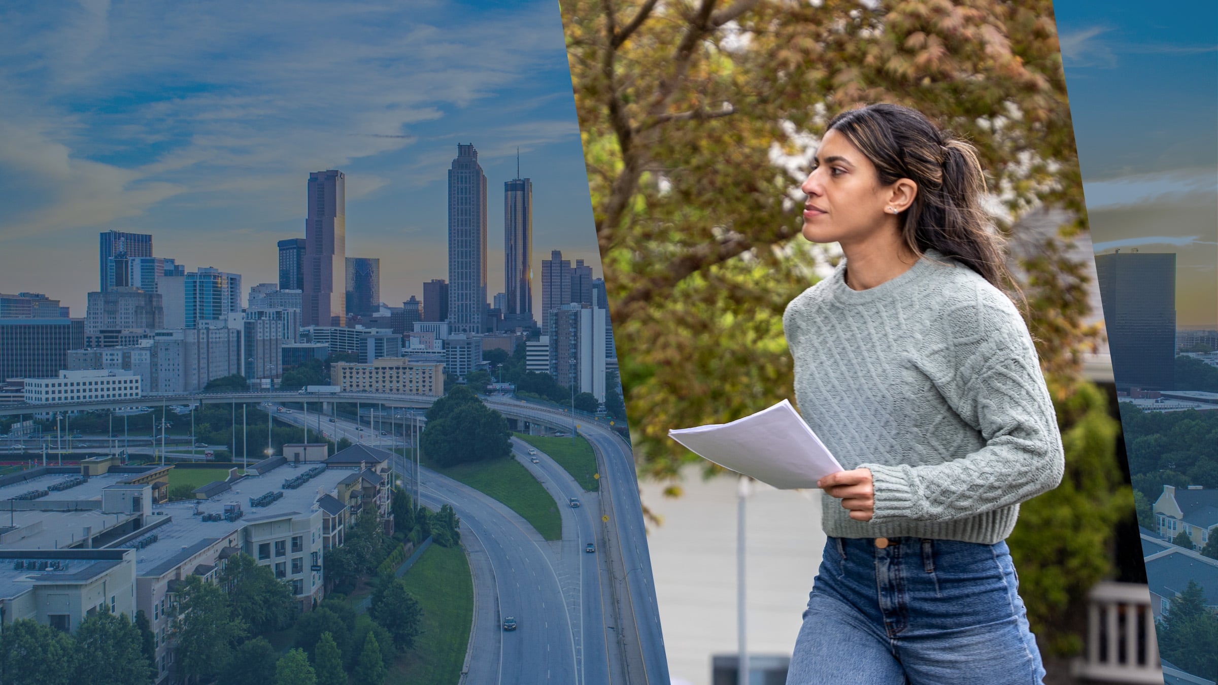 Atlanta's skyline at dusk above the downtown interchange, beside a Georgia process server on the way to a serve