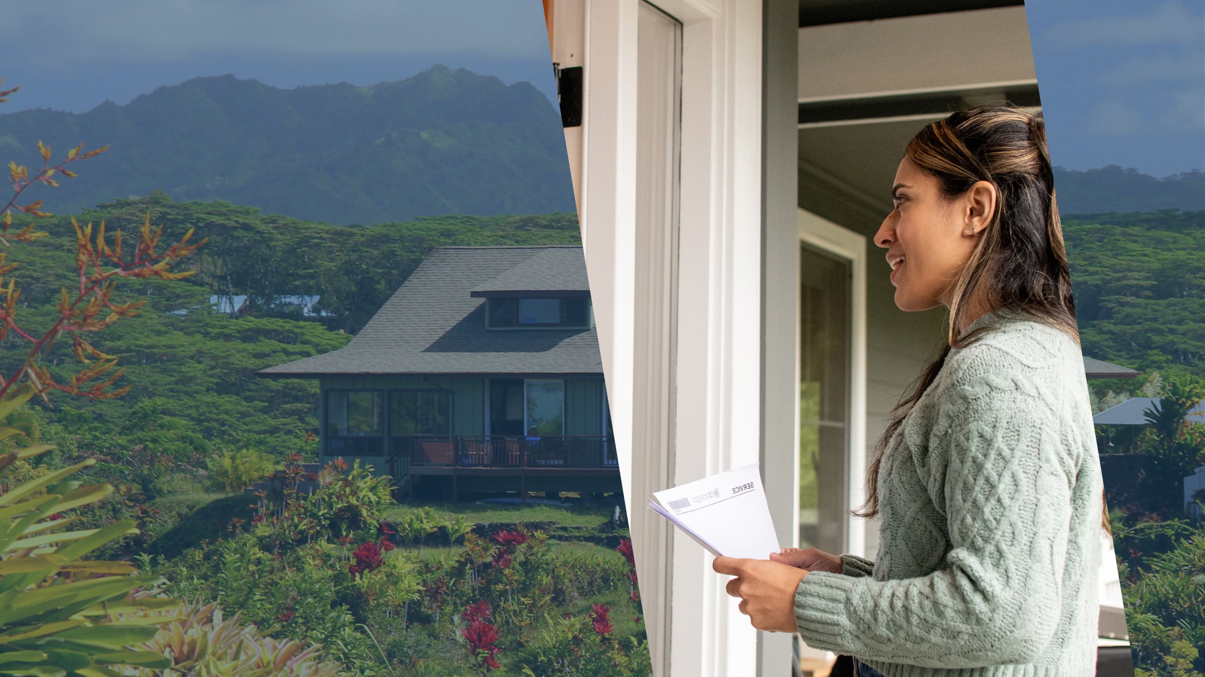 A hillside home among tropical gardens below Hawaii's green volcanic ridges, with a process server holding court documents