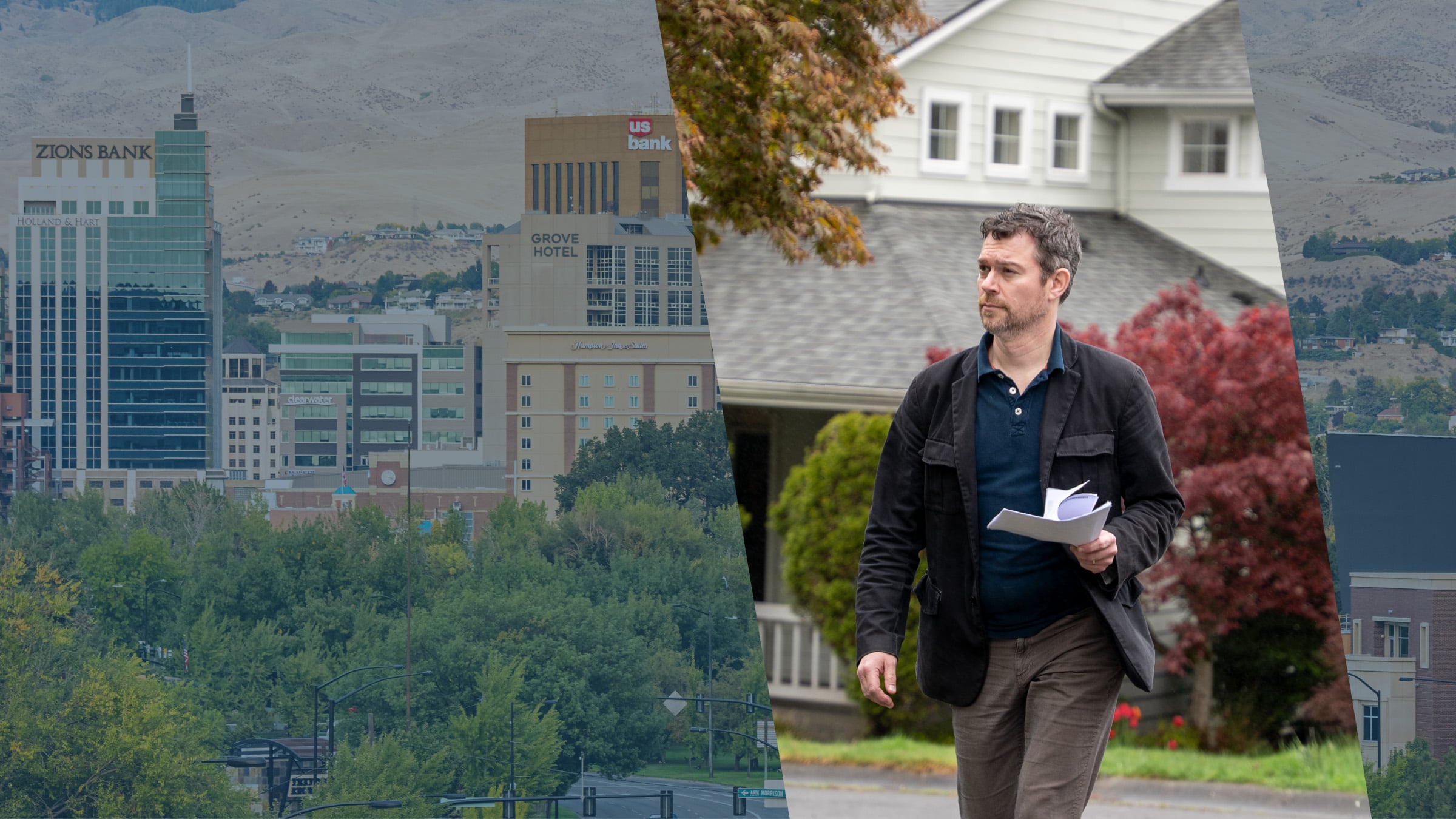 Downtown Boise framed by the Treasure Valley foothills, beside an ABC Legal process server carrying documents
