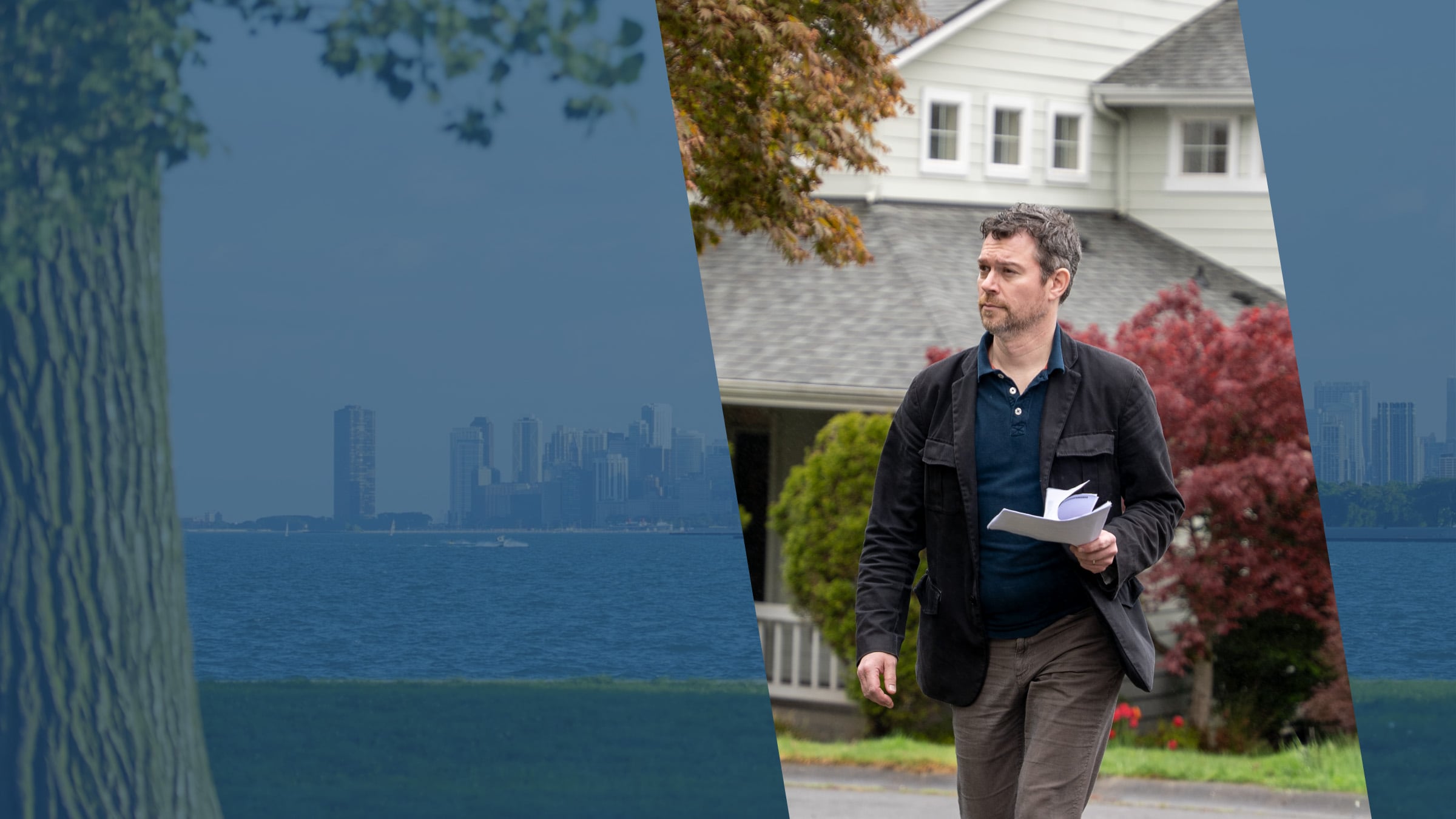 Chicago's skyline across Lake Michigan from a lakefront park, with an Illinois process server setting out to serve papers