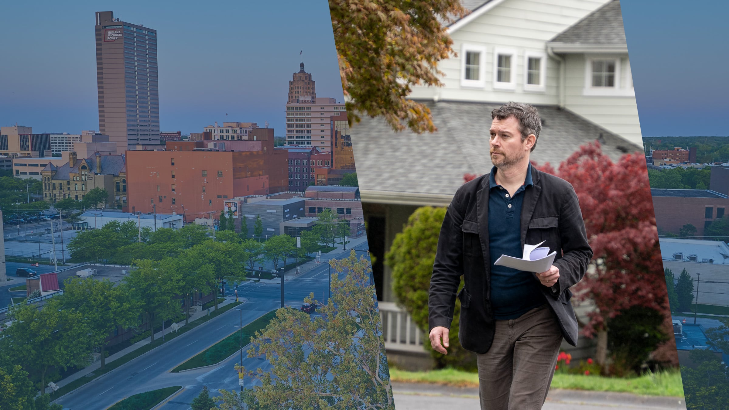 Fort Wayne's brick downtown at first light, as an ABC Legal process server carries filings to an address