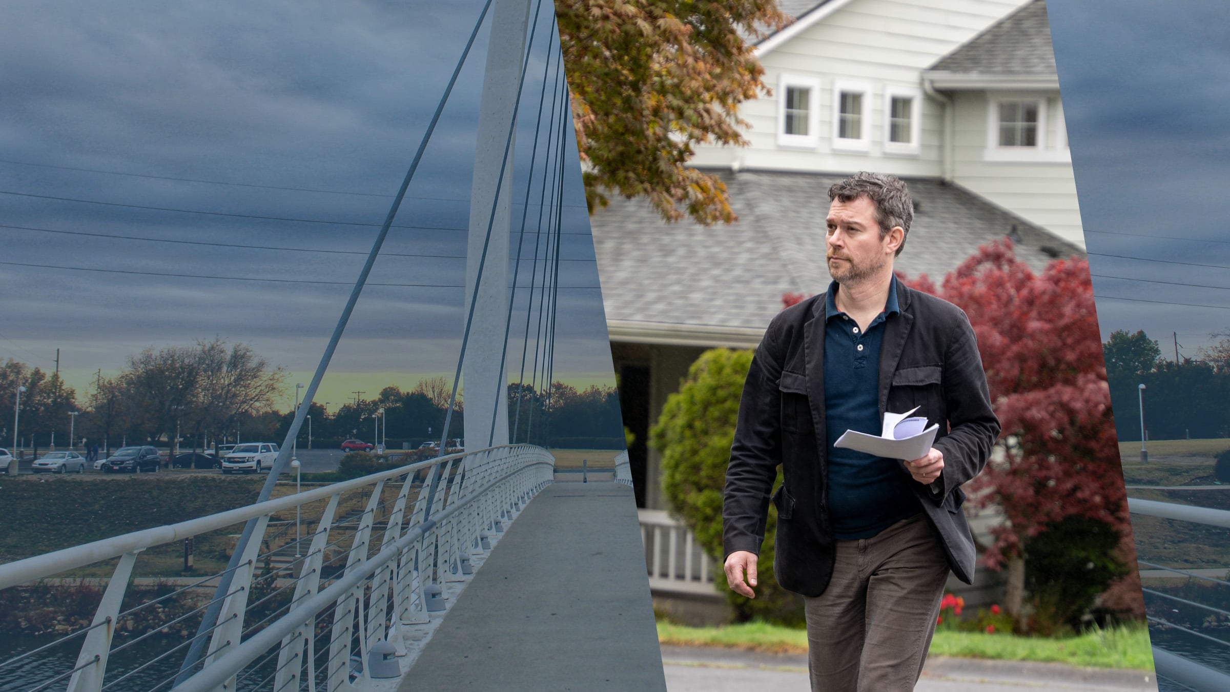 A cable-stayed pedestrian bridge spanning a Kansas river at sunset, beside a process server holding legal documents