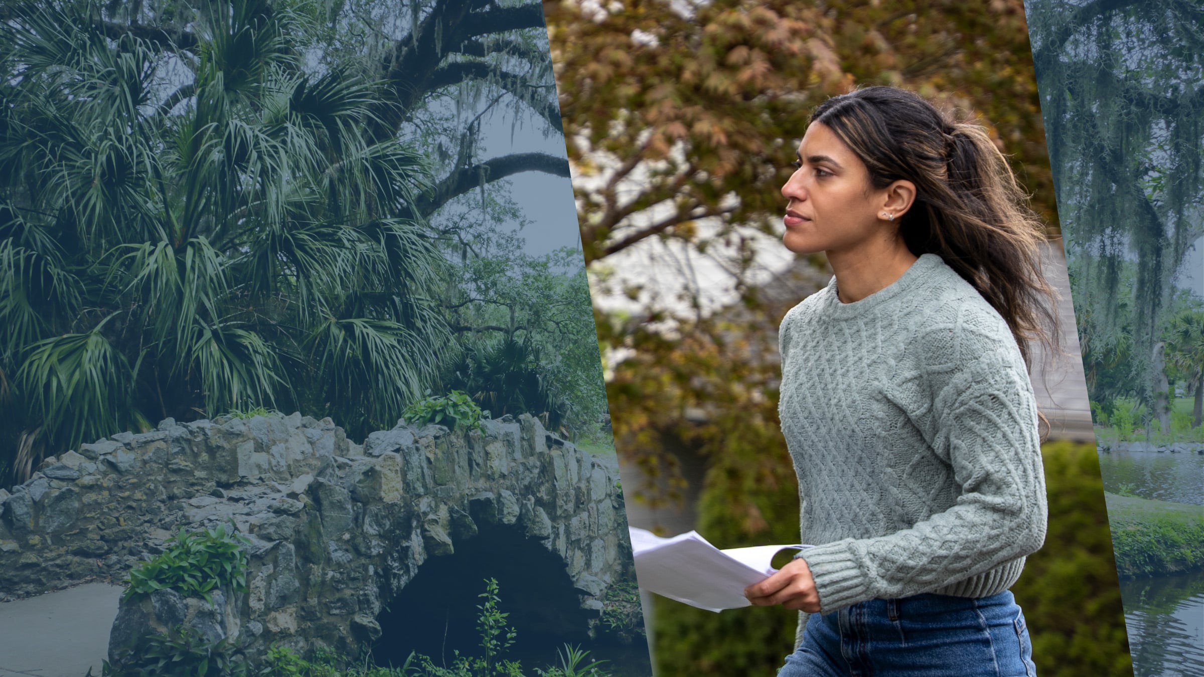 A stone footbridge under moss-hung oaks in a New Orleans park, as a Louisiana process server heads out with court papers