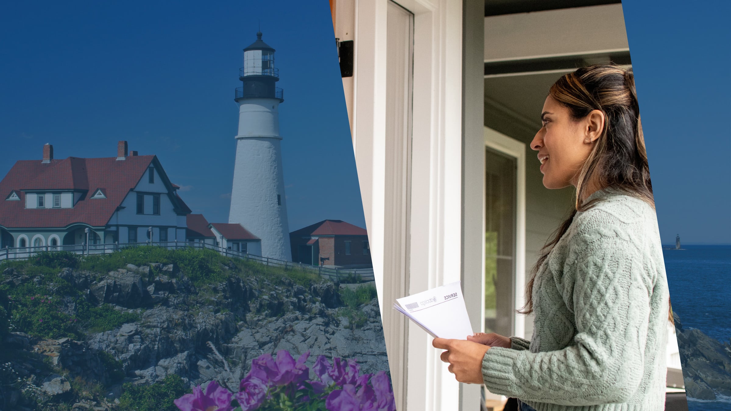 Portland Head Light and its keeper's house on a rocky Maine headland, as a process server sets out to deliver papers