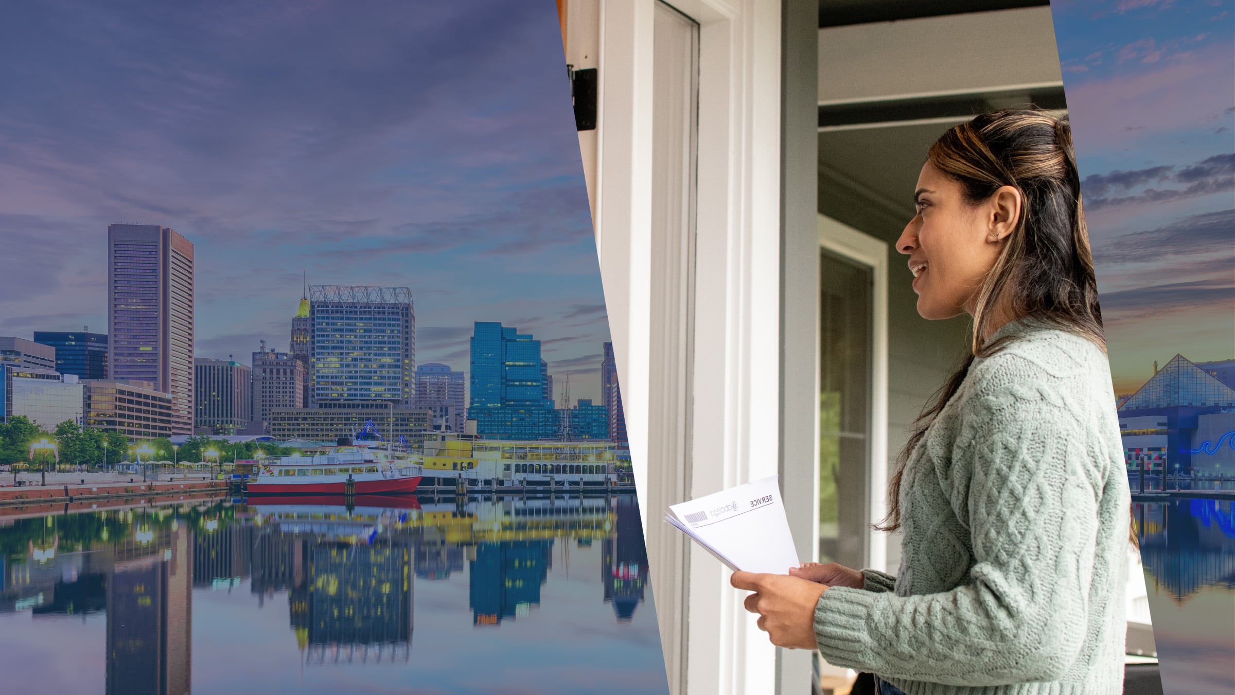 Baltimore's Inner Harbor lit at dusk and mirrored in the water, with a Maryland process server holding legal filings