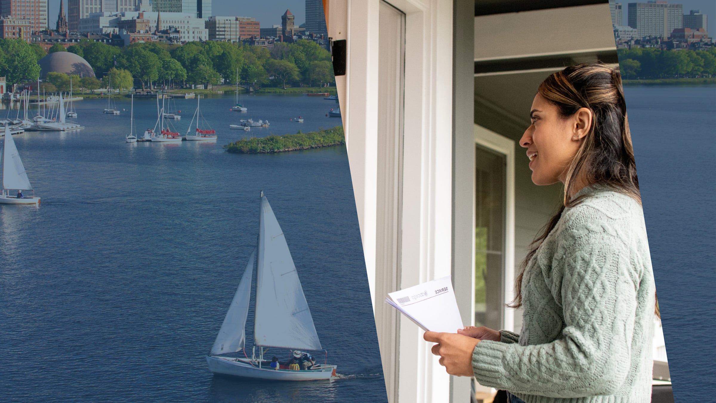 Sailboats on the Charles River below the Boston skyline, beside an ABC Legal process server carrying documents