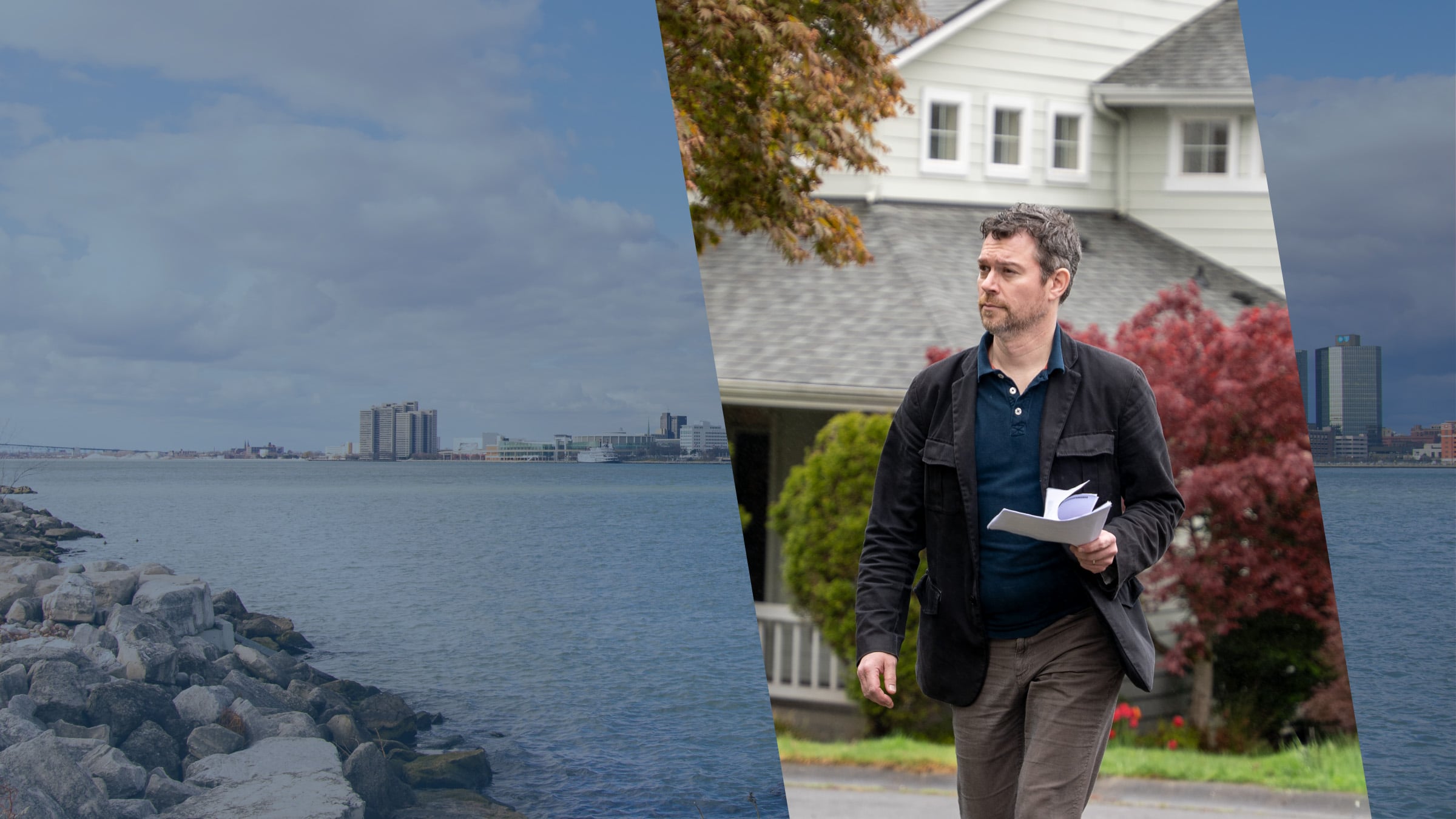 Detroit's skyline seen across the water from a rocky Michigan shore, beside a process server carrying court documents