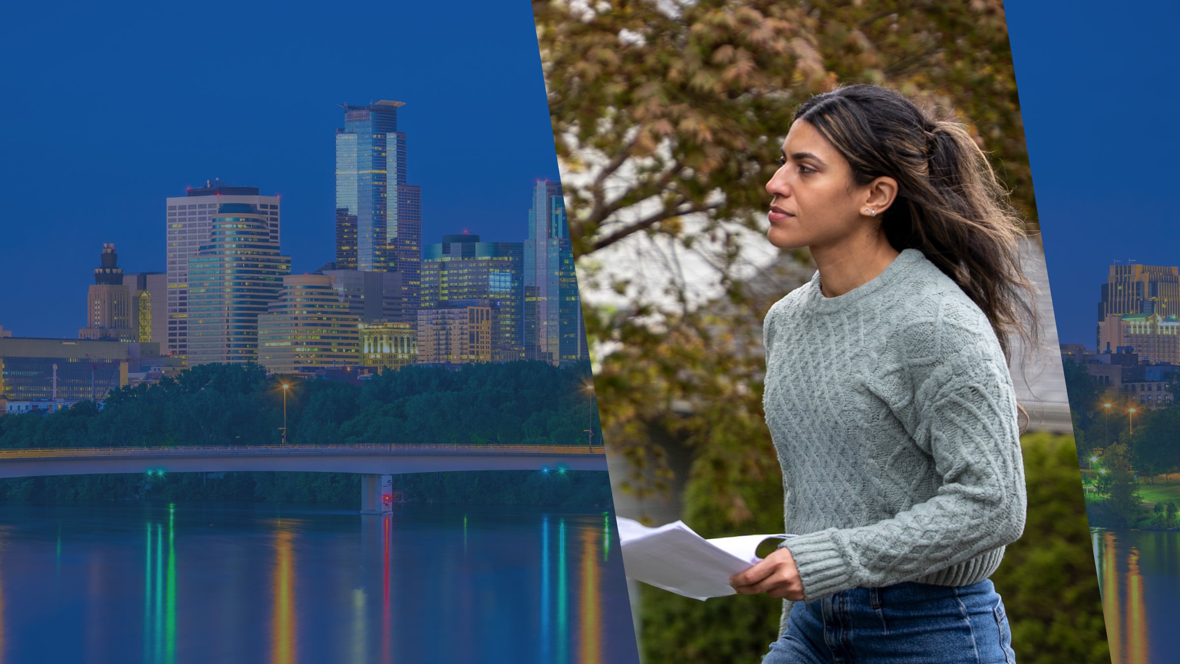 Minneapolis towers glowing above the Mississippi at twilight, with a Minnesota process server heading to an address
