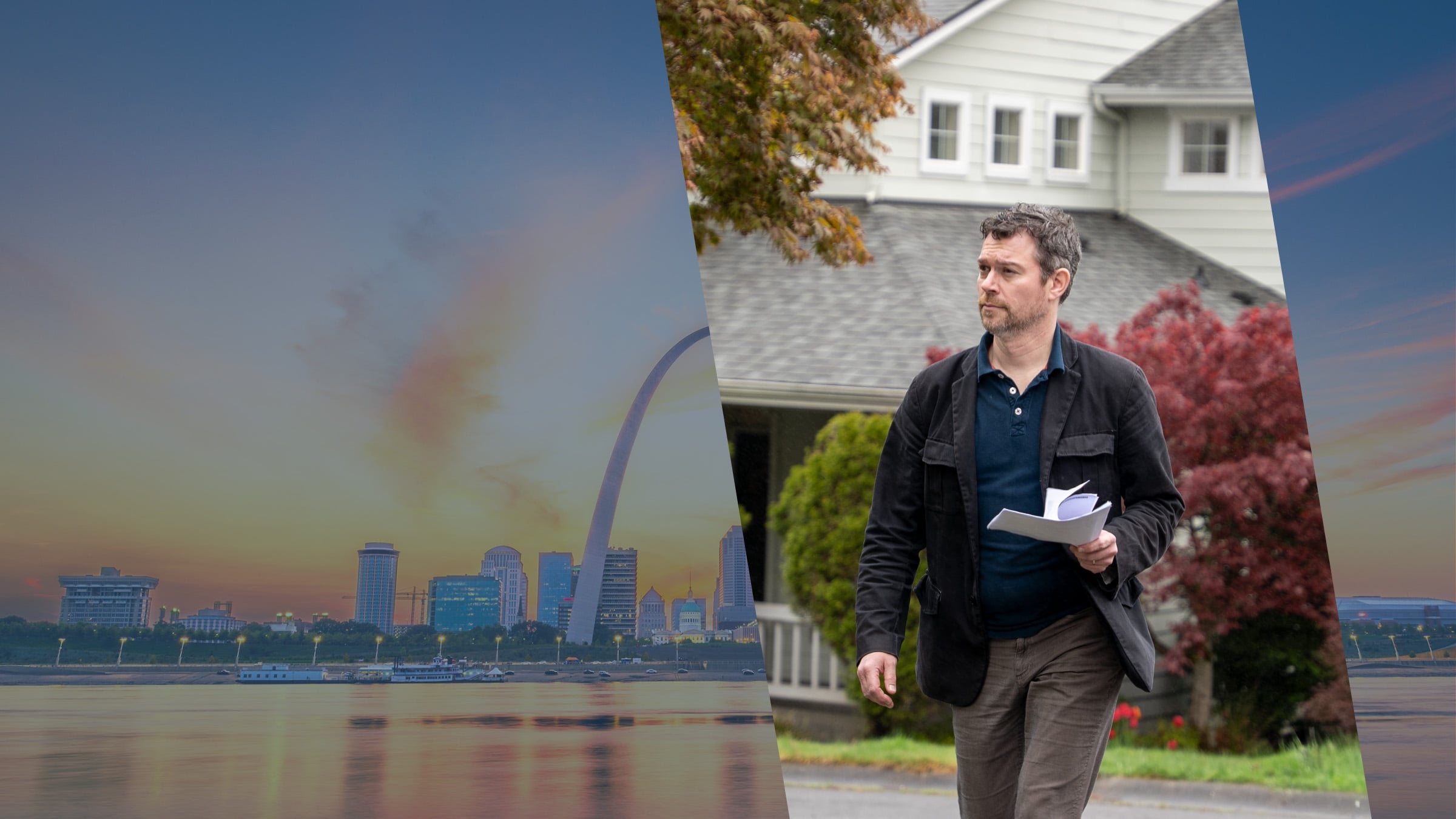 The Gateway Arch and St. Louis skyline against a sunset sky, as an ABC Legal process server carries legal papers
