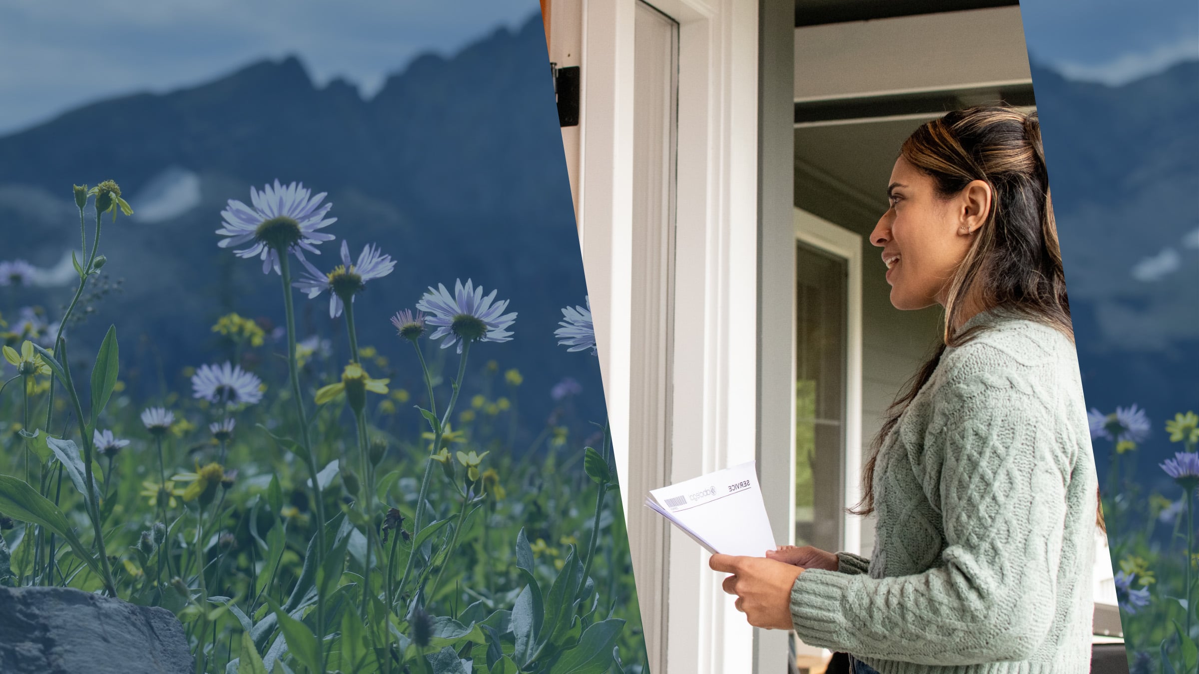 Wildflowers below a jagged Montana mountain wall, with an ABC Legal process server setting out to serve documents