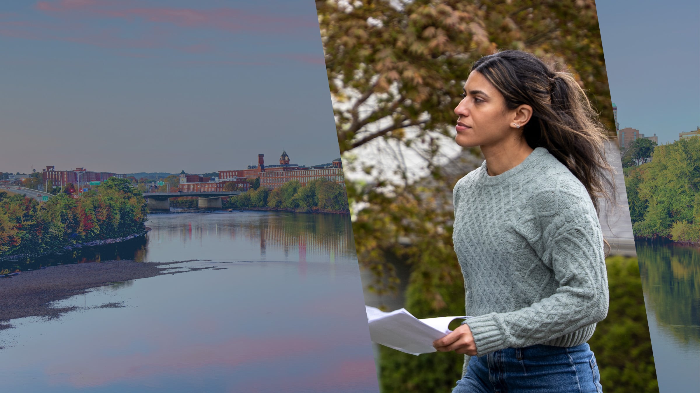Red-brick mill buildings along a New Hampshire river in autumn, as an ABC Legal process server carries filings