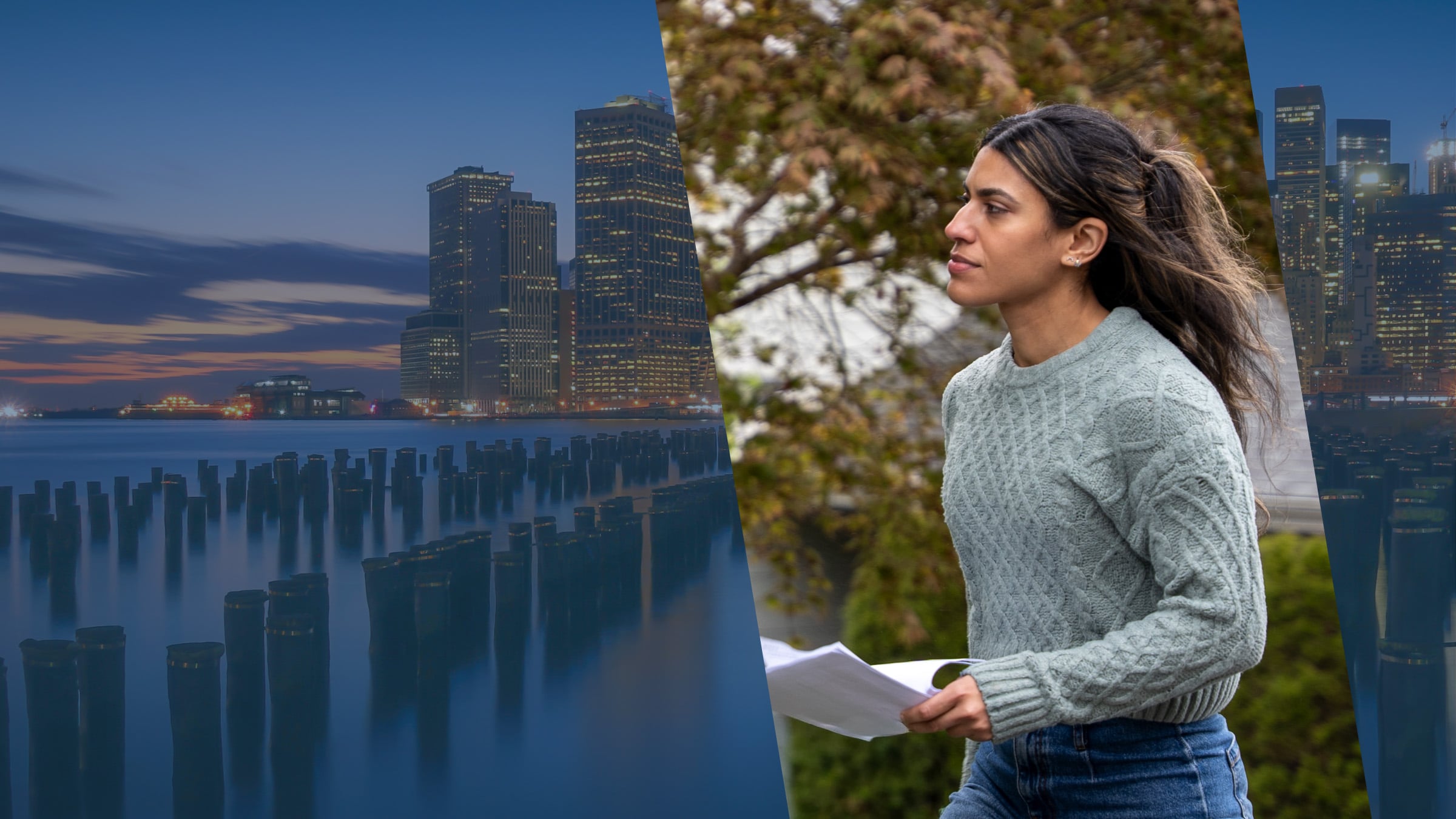 Weathered pier pilings in the Hudson with the Manhattan skyline beyond, beside a New Jersey process server holding papers