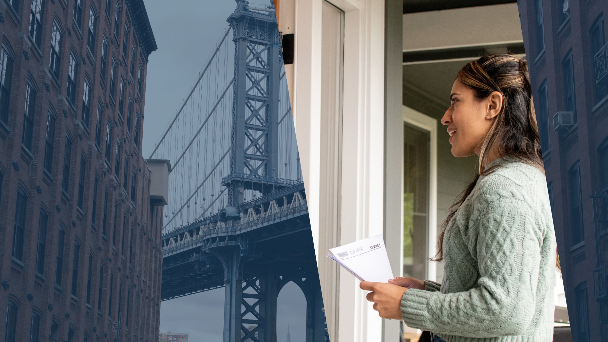 A brick warehouse beside the Manhattan Bridge in Brooklyn, with a New York process server carrying legal filings