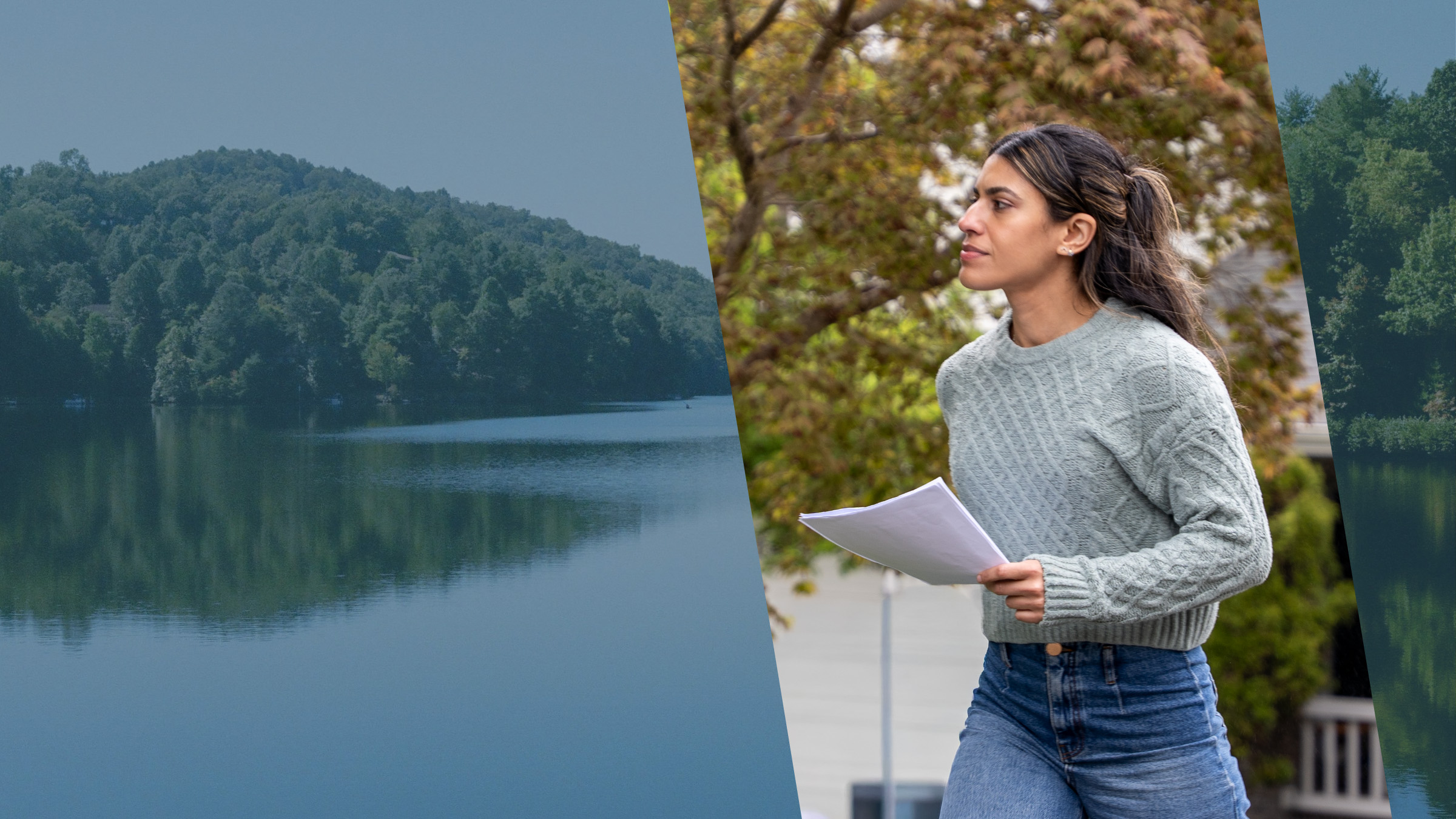 Forested ridges mirrored in a still North Carolina lake, as a process server heads out with court papers