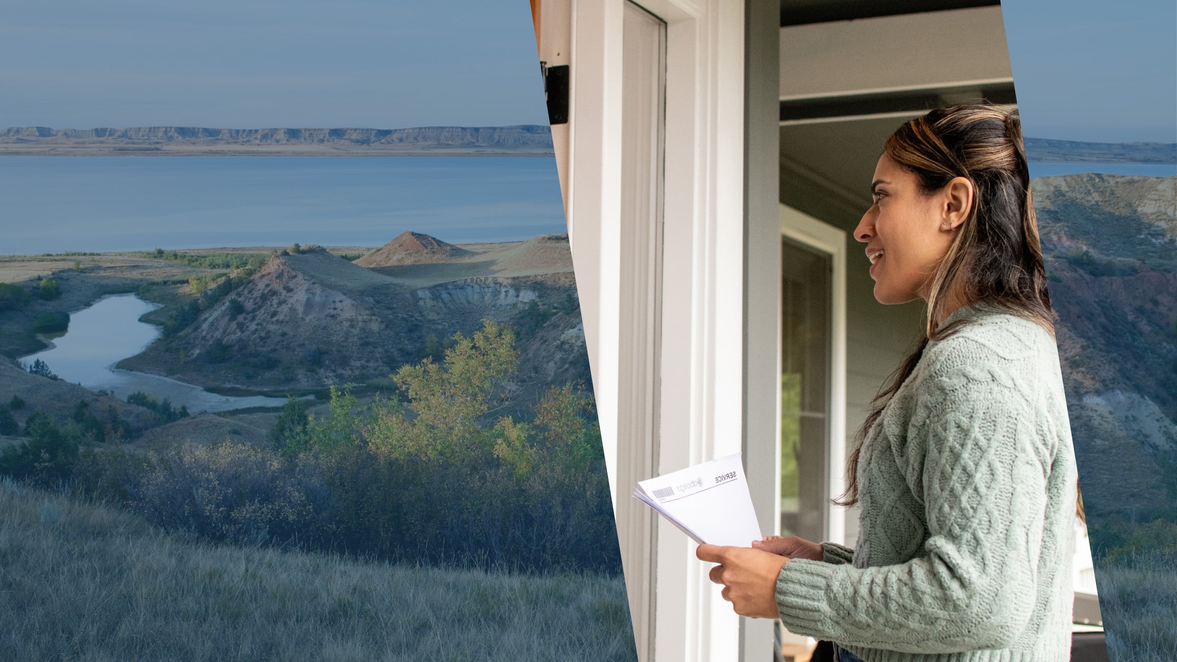 Eroded badlands buttes above a winding North Dakota river, beside a process server carrying legal documents