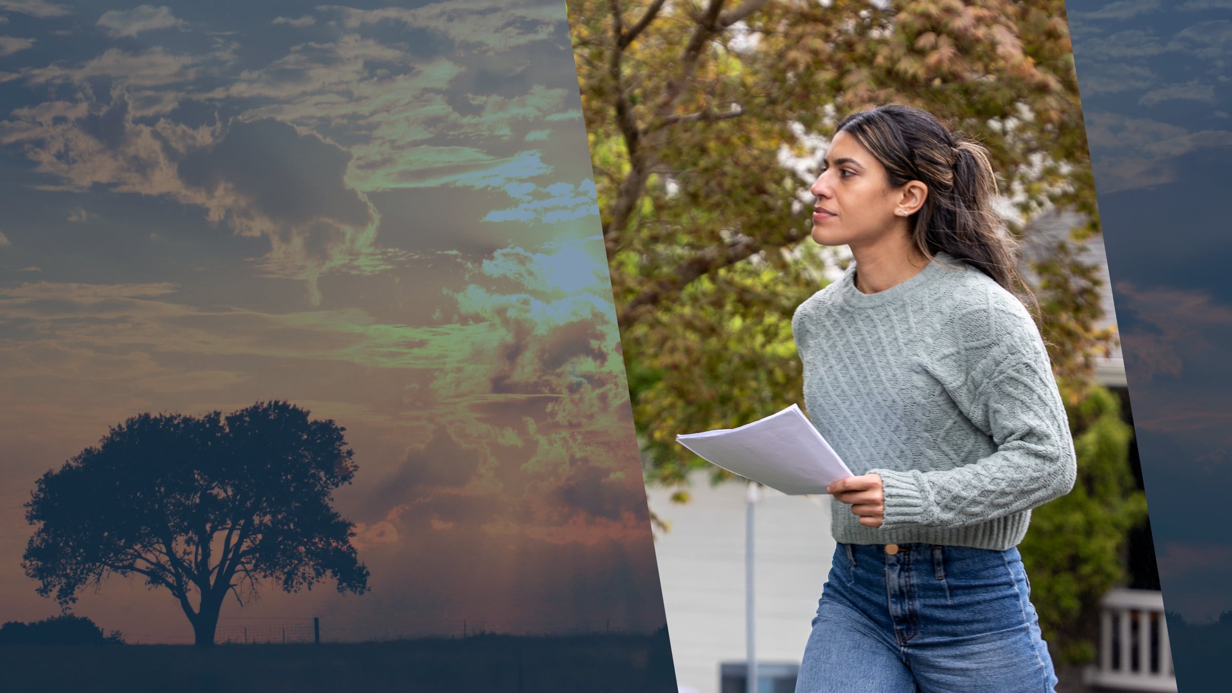 A broad oak silhouetted against an Oklahoma sunset sky, as an ABC Legal process server sets out with papers