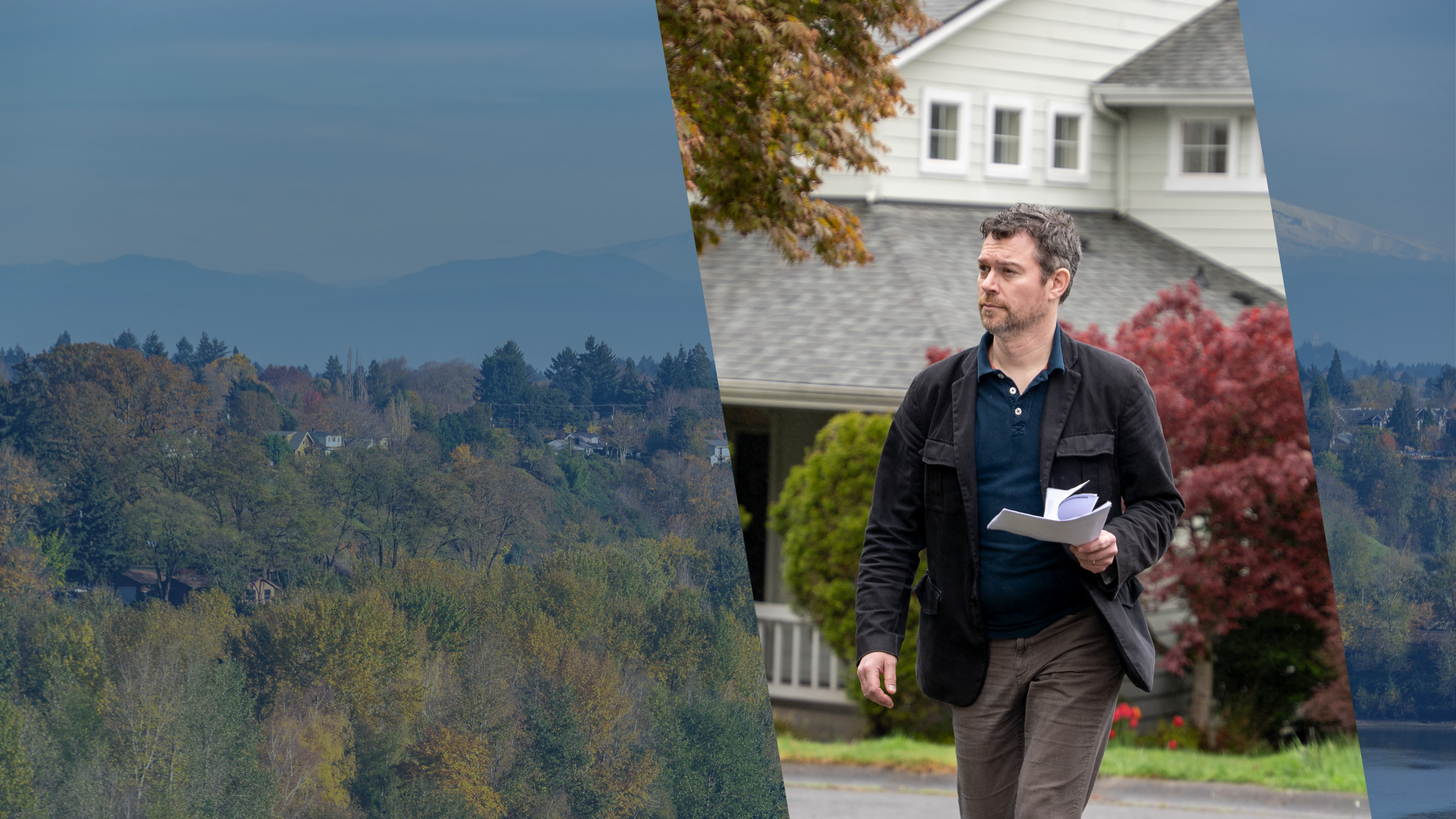 Autumn treetops above a valley with Oregon's Cascade foothills beyond, with a process server carrying legal documents