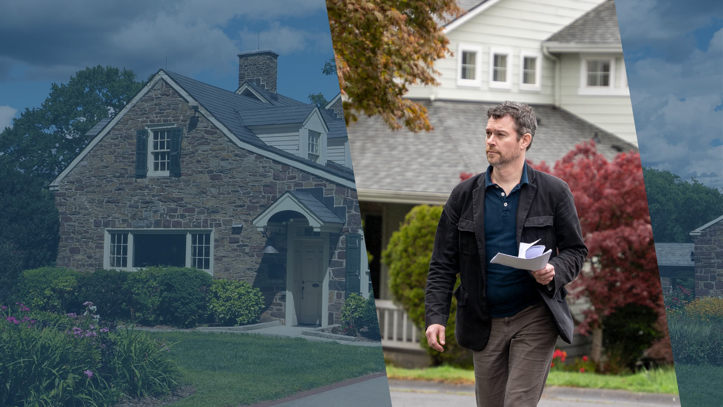 A fieldstone farmhouse and garden in the Pennsylvania countryside, beside an ABC Legal process server on her way to a serve