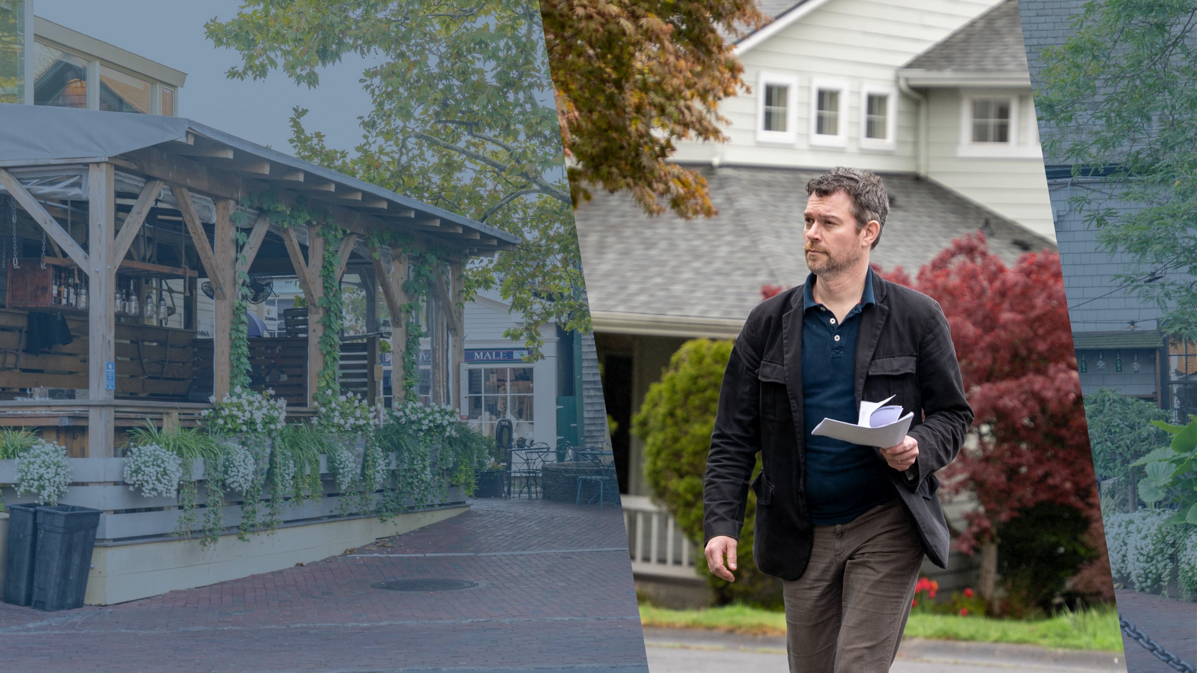 A flower-lined covered patio on a Rhode Island village street, as a process server heads out with court papers
