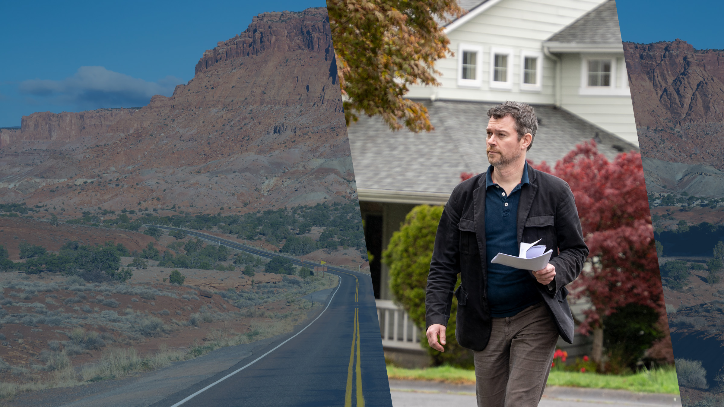 A two-lane highway curving beneath Utah's red rock cliffs, beside an ABC Legal process server holding legal papers