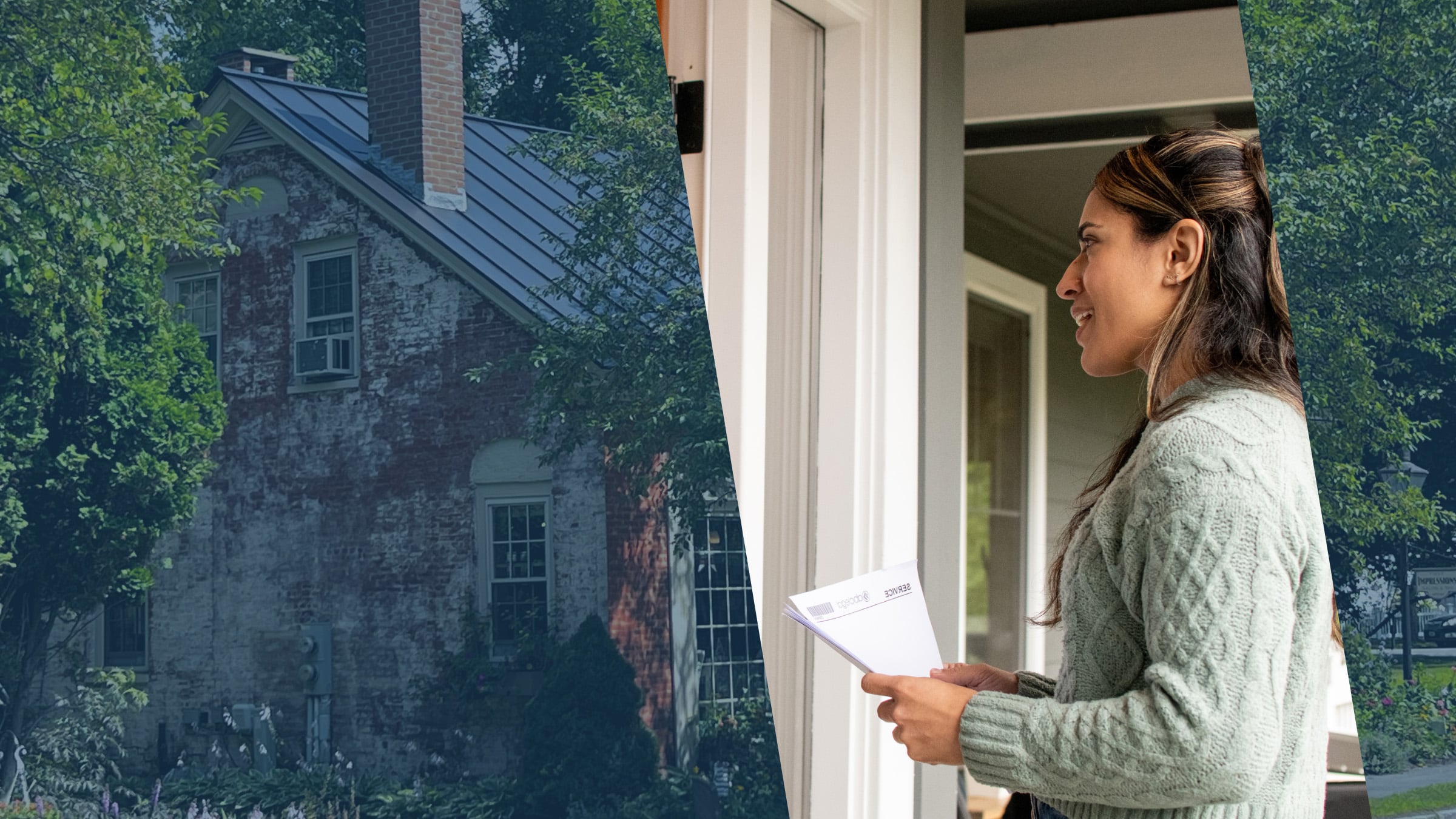 A brick farmhouse tucked into Vermont's summer greenery, with an ABC Legal process server carrying documents