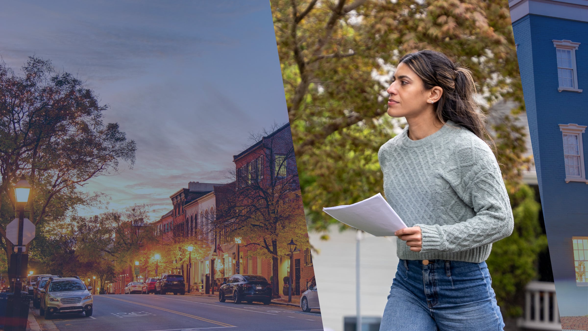 Lamplit historic storefronts along a Virginia main street at dusk, as a process server heads to an address with filings