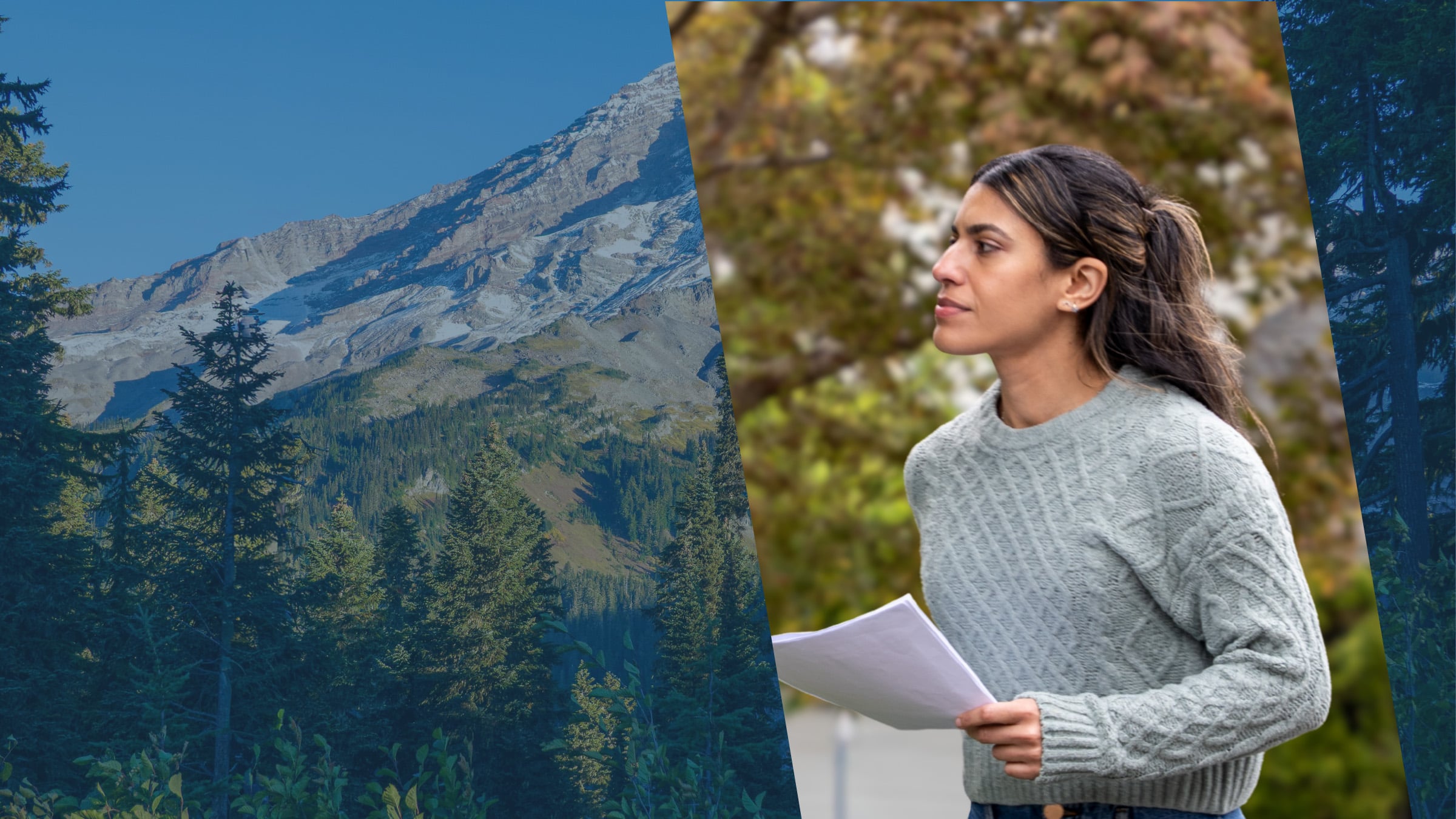 Mount Rainier's glaciers above a Washington evergreen forest, beside a process server setting out to deliver court papers