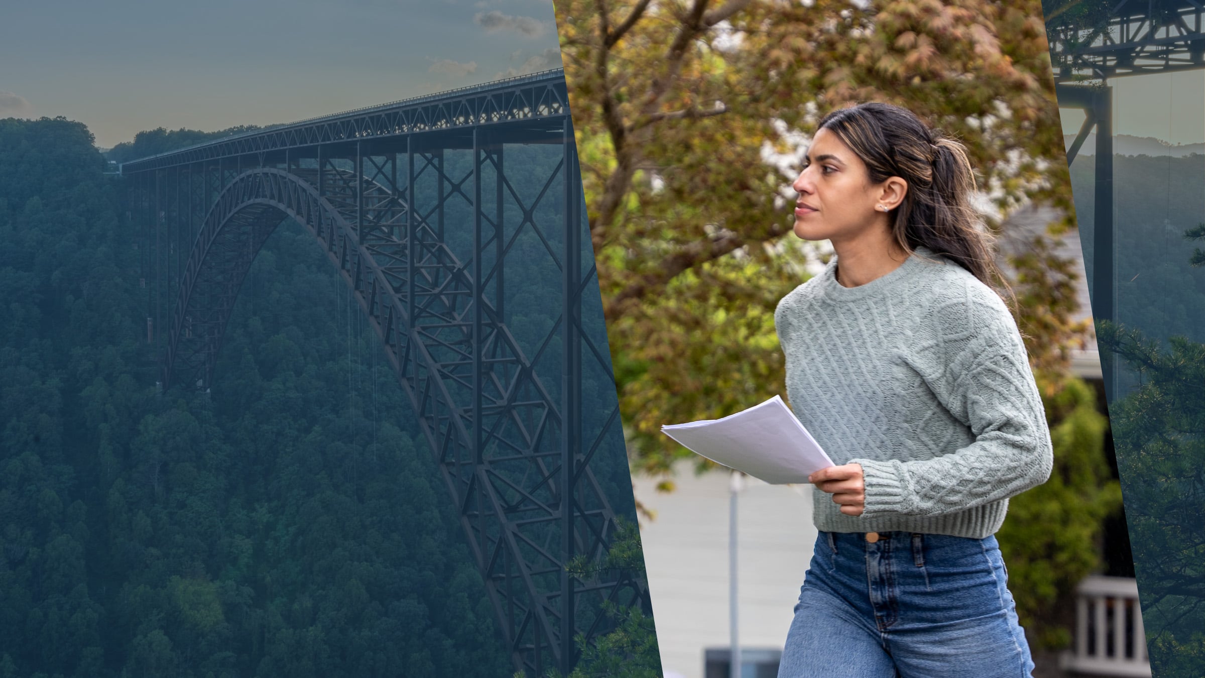 The New River Gorge Bridge arching over West Virginia forest, with a process server on her way to a serve