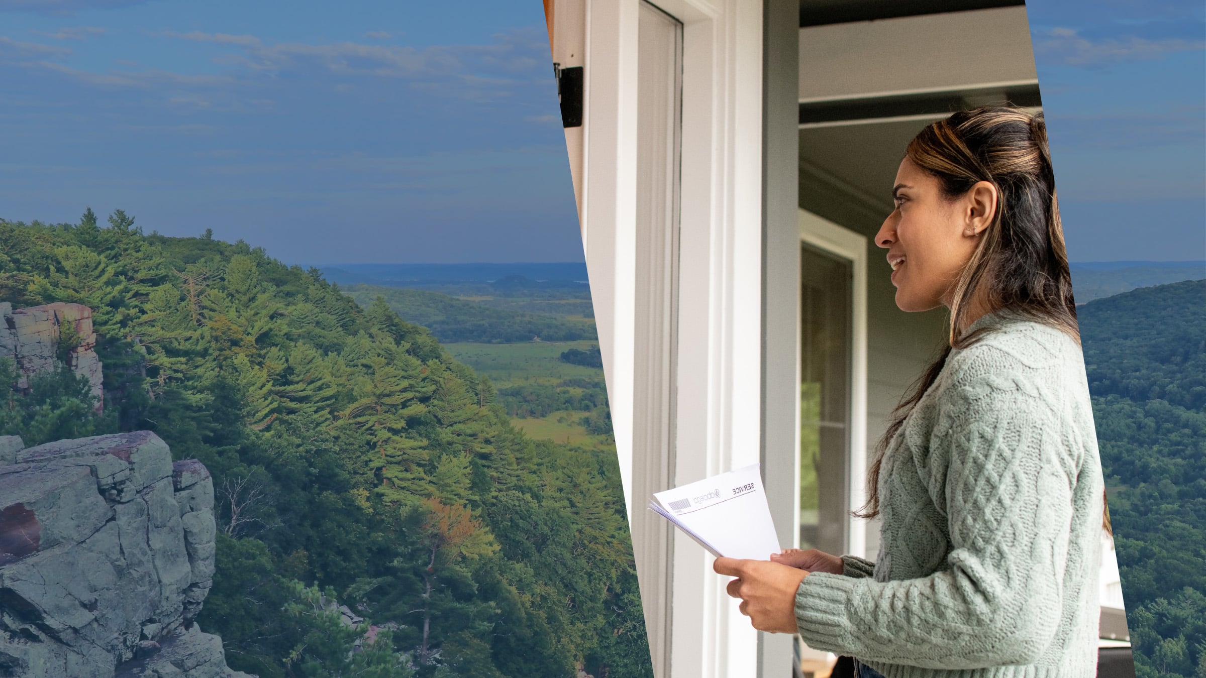 A rocky bluff and pines overlooking a wide Wisconsin valley, as an ABC Legal process server carries legal filings