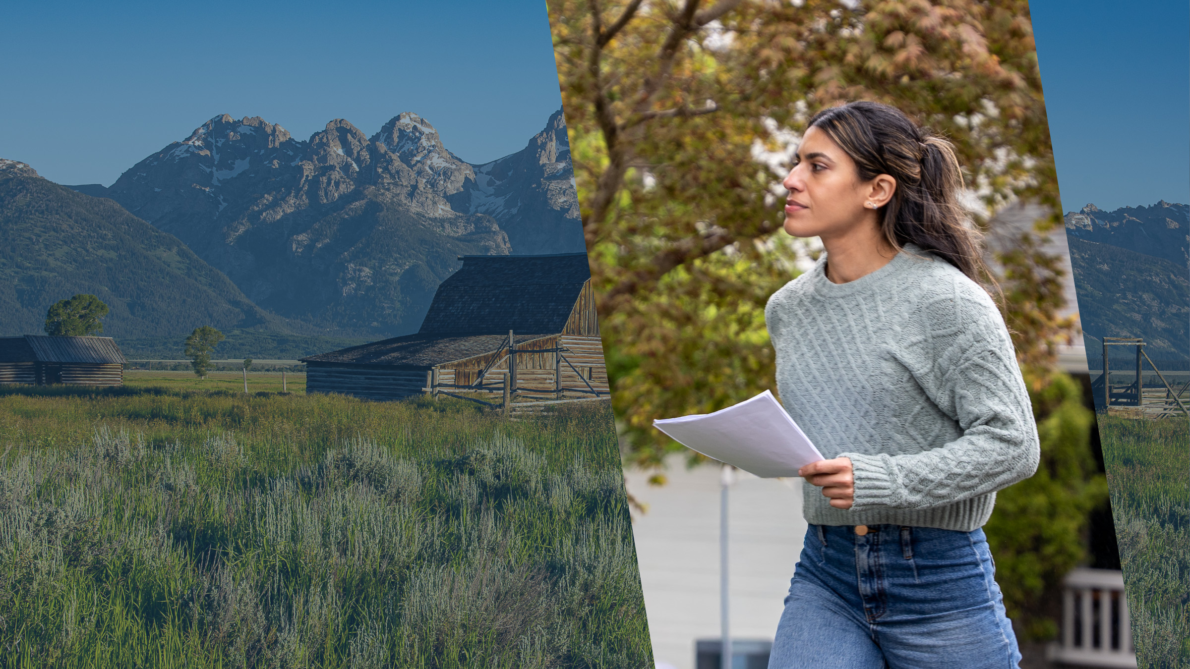 Historic Mormon Row barns below Wyoming's Teton peaks, beside an ABC Legal process server holding court documents