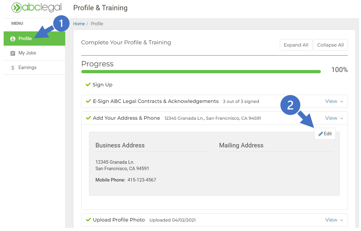 Edit address under profile and training